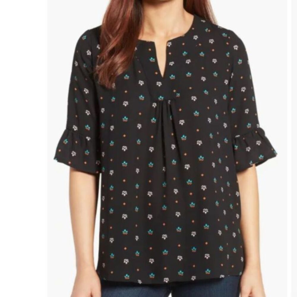 Pleione Pleated Floral V-Neck Ruffled Blouse Black XS